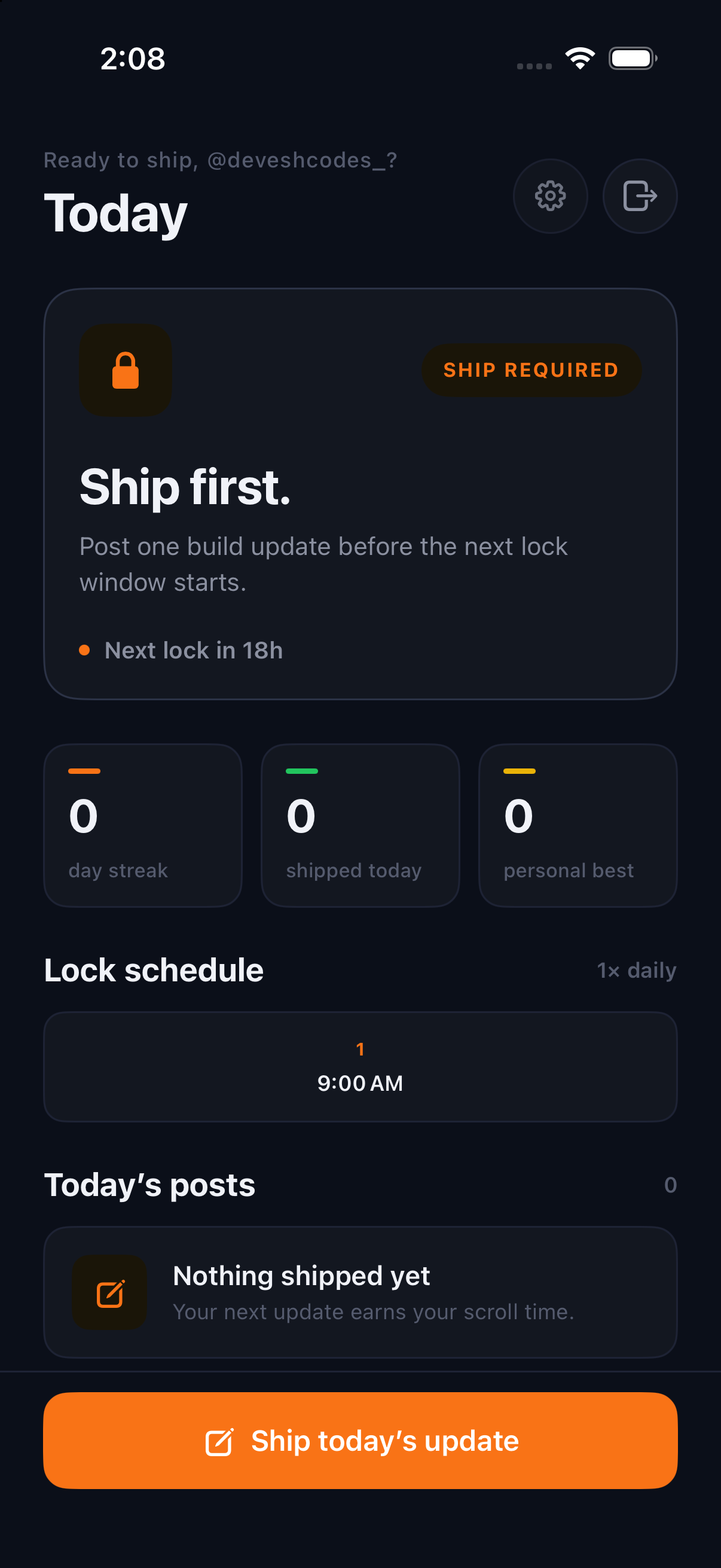TweetLock's Today screen: a 'Ship first' lock card counting down to the next lock in 18 hours, day-streak, shipped-today and personal-best stats, a 9:00 AM lock schedule, and a 'Ship today's update' button.